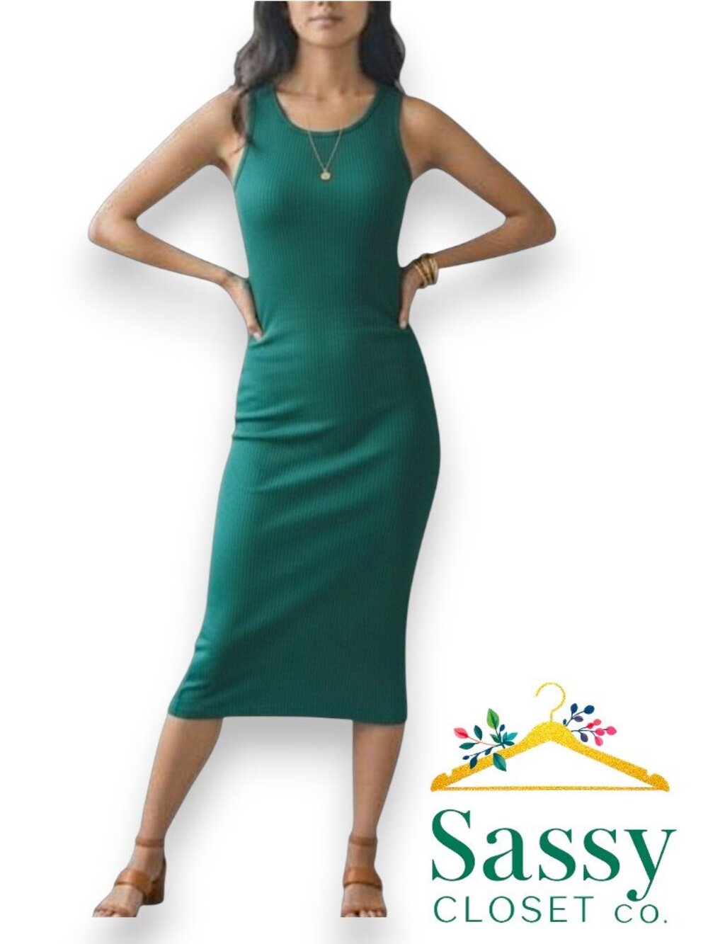 ✨ OLIVIA GREY NWOT Green Ribbed Maxi Tank Dress L Side Slit Stitch Fix 🌿